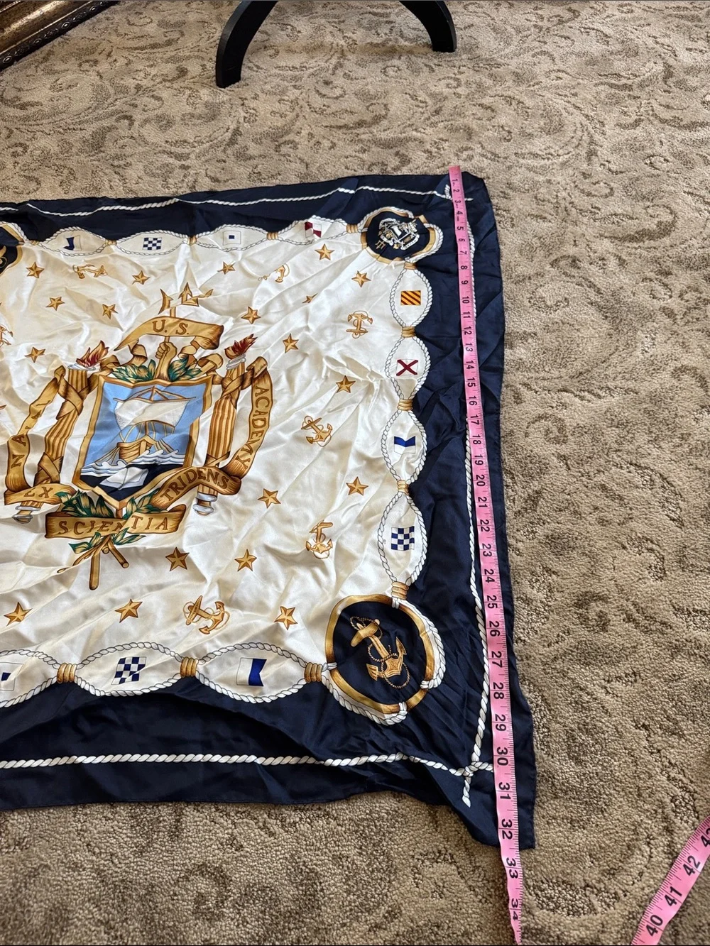 Nautical Crest Silk Scarf in Navy, Cream & Gold
